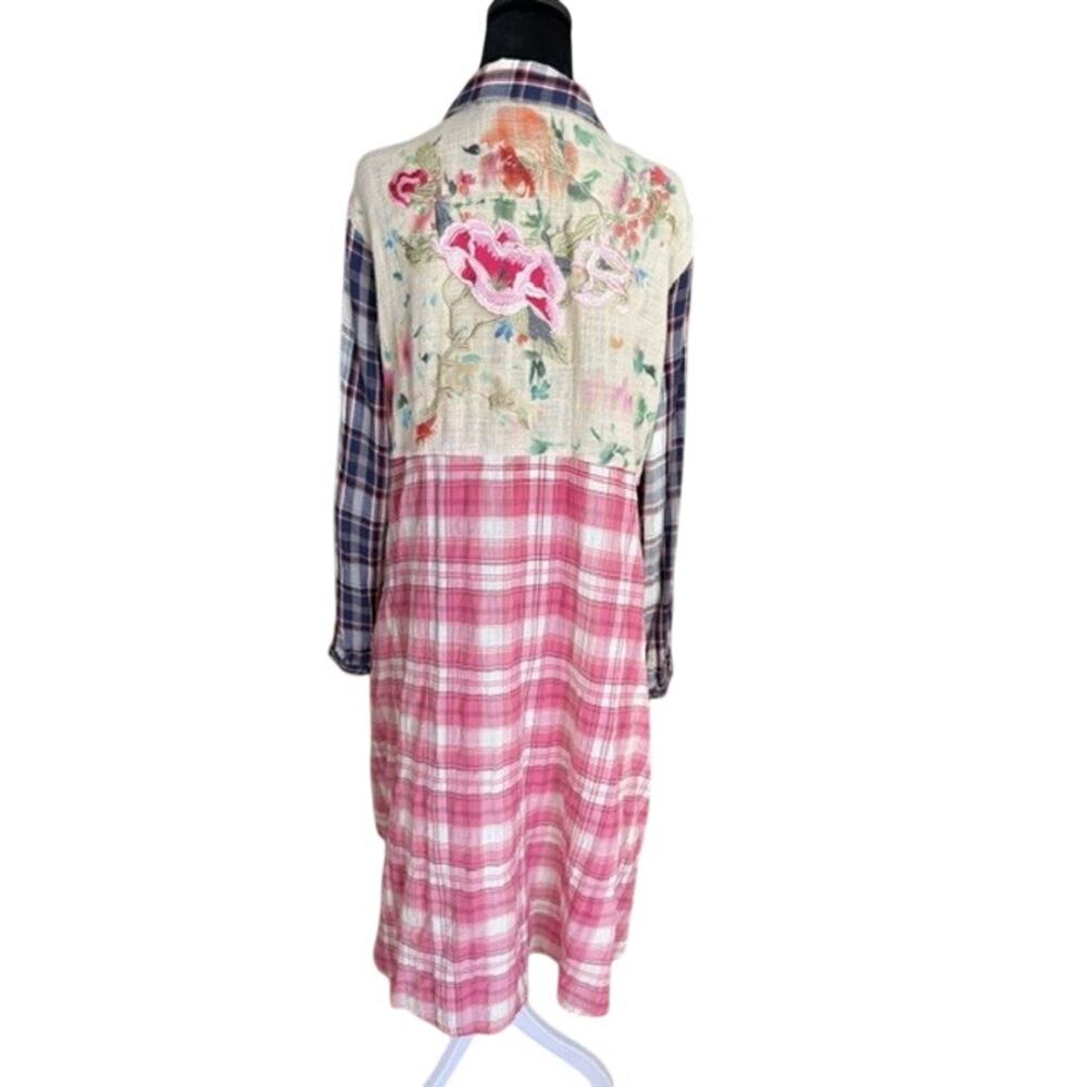 Philosophy Shirt Dress Womens L Plaid Floral Mixed Print Button Front Boho Midi - Picture 4 of 11